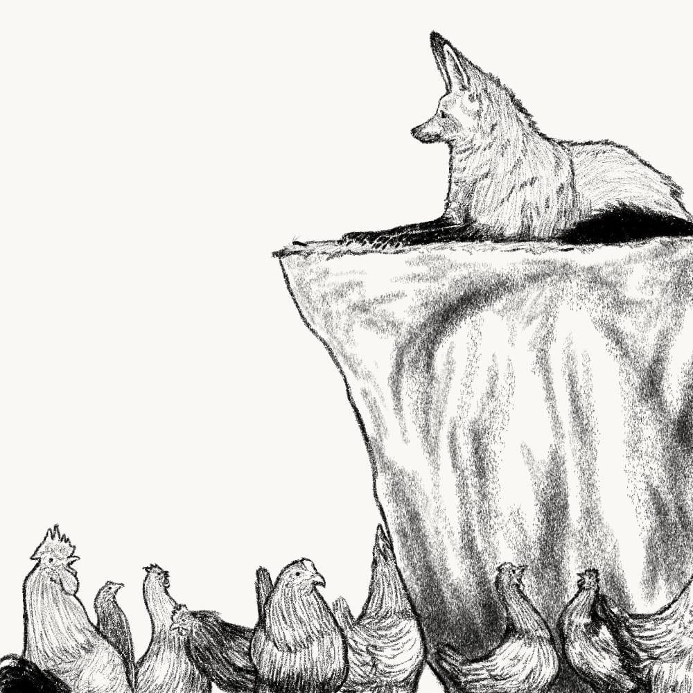 Illustration for: If the cockroach wants to rule over the chicken, then it must hire the fox as a bodyguard.