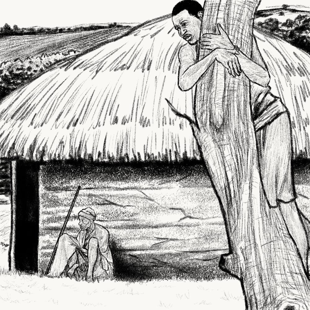 Illustration for: What the old man sees sitting down, the young man cannot see standing on a tree.